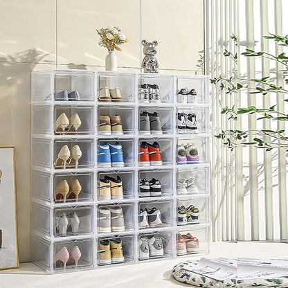 XXL Drop Front Shoe Storage Box Stackable, 6 Pack Shoe Display Case Fit US 15,Sneaker Storage Shoe Containers with Magnetic Door(6 PACK CLEAR)