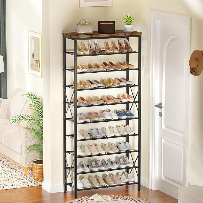 10-Tier Shoe Rack Holds 40 Pairs, Space Saving Shoe Organizer for Entryway Closet Apartment, Industrial Metal Shoe Shelf with Wooden Top, Rustic Brown