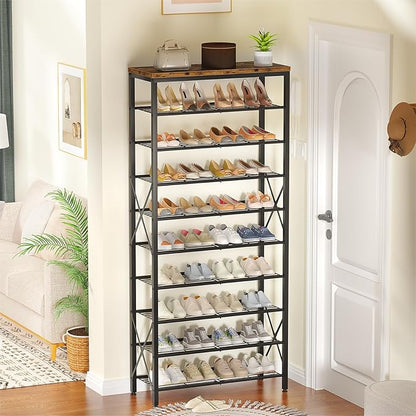 10-Tier Shoe Rack Holds 40 Pairs, Space Saving Shoe Organizer for Entryway Closet Apartment, Industrial Metal Shoe Shelf with Wooden Top, Rustic Brown