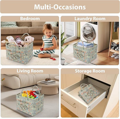 Storage Basket Boho Fabric Large Collapsible Floral Laundry Nursery Hamper Portable Folding Storage for Clothes Toys (Light Green A)