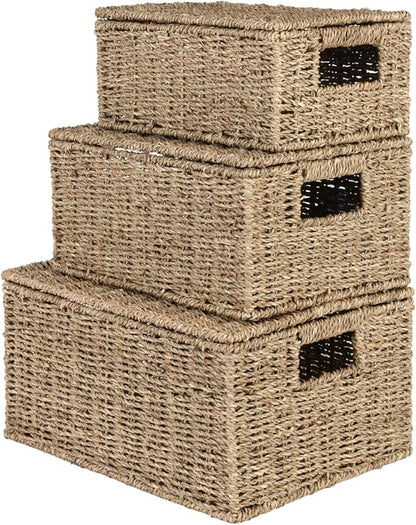 Wicker Storage Baskets with Lid, Hand-Woven Rectangular Wicker Basket with Lid for Bedroom & Living Room, Nesting Rattan Basket with Lid for Shelves (Seagrass, Set of 3）