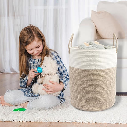 Woven Cotton Rope Laundry basket-15”X20” Laundry Hamper-Rope Storage Basket for Dirty Clothes, Toys and Blankets Perfect for Bathroom, Baby nursery and Living Room Storage (white and brown)
