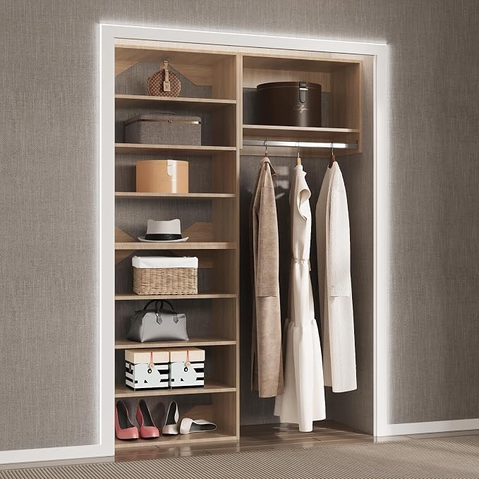 Modular Closet Organizer, 55" Wide with Towers and Hanging, Wood Tower Storage for Walk In Closets, Wall Mounted Wardrobe Organizer