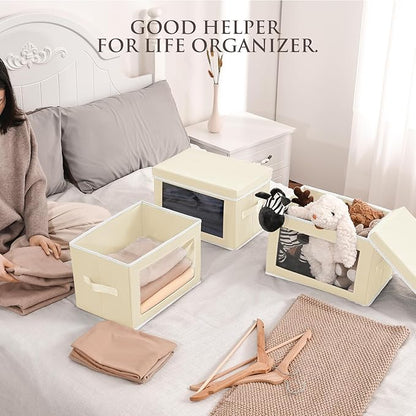 Homsorout Fabric Storage Bins with Lids, Storage Cubes with Window, Decorative Storage Boxes Baskets for Organizing, Closet Organizer Storage Bins for Home, Office, 3 Packs, Beige