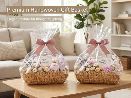 Coeusy Small Wicker Basket 2 Pack,Scalloped Basket for Organizing and Decor,Natural Water Hyacinth Storage Baskets with Wooden Handles for Gifts,Snack,Shelves