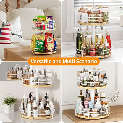 Snack Organizer with Adjustable Height and 360°Rotation, 2 Tier Lazy Susan Snack Storage Holder for Countertop Office Home Breakroom, White