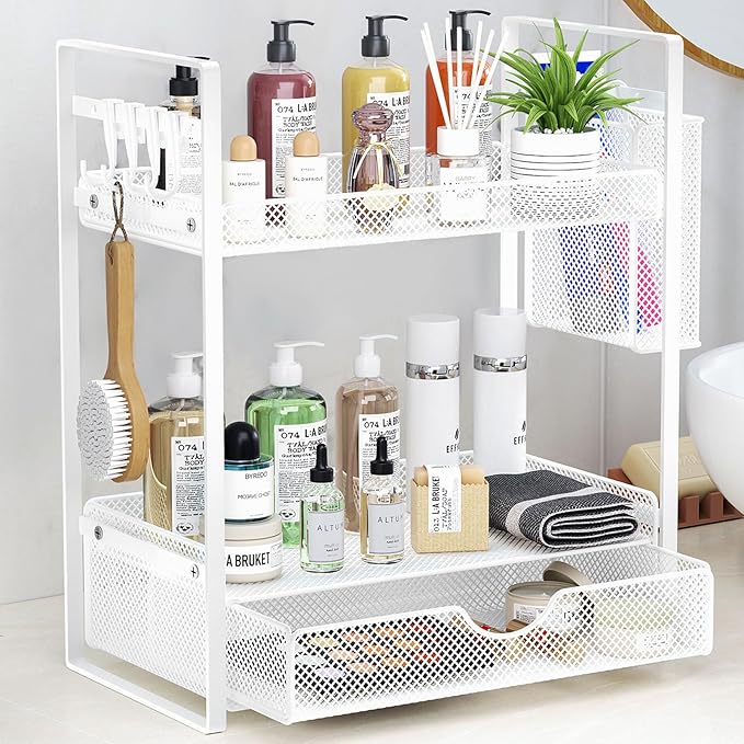 VITVITI 2 Tier Bathroom Organizer Countertop with Drawer, Metal Mesh Bathroom Counter Vanity Organizer Storage, Bath Room Shelf Sink Kitchen Spice Rack with Basket Hooks, White