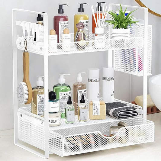 VITVITI 2 Tier Bathroom Organizer Countertop with Drawer, Metal Mesh Bathroom Counter Vanity Organizer Storage, Bath Room Shelf Sink Kitchen Spice Rack with Basket Hooks, White