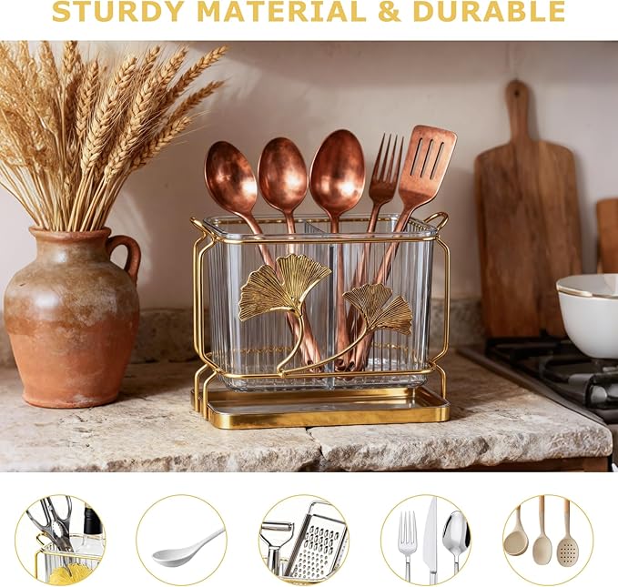 2-Compartment Transparent Silverware Organizer, Drip Tray, Suspended Utensil Caddy for Forks, Spoons, Knives, Elegant Cutlery Holder for Kitchen Countertop, Party Use