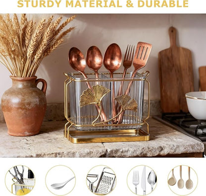 2-Compartment Transparent Silverware Organizer, Drip Tray, Suspended Utensil Caddy for Forks, Spoons, Knives, Elegant Cutlery Holder for Kitchen Countertop, Party Use