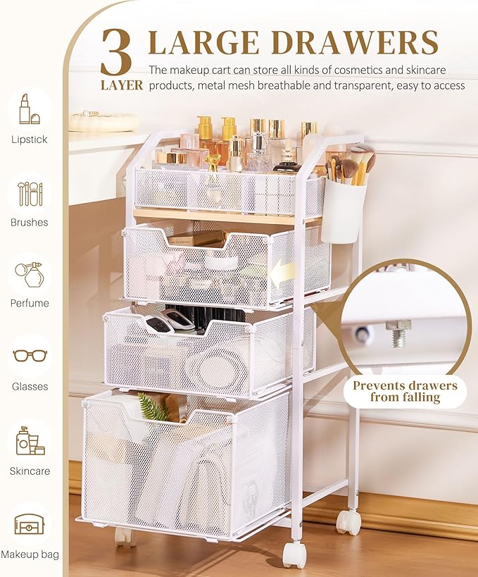 Homde Rolling Makeup Organizer with Drawers: Skincare Storage Cart with Wheels for Home Bedroom Vanity - Cosmetic Display Holder for Beauty Enthusiasts Makeup Artists