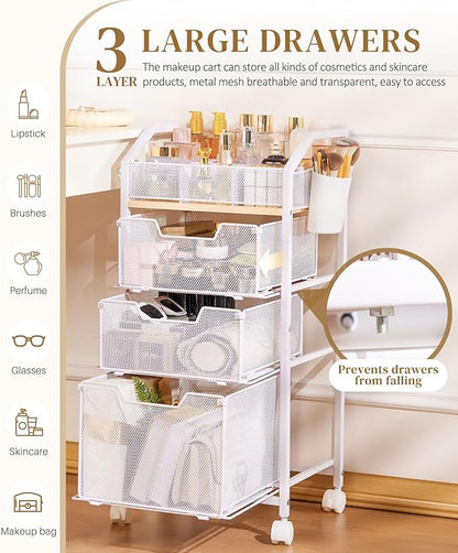 Homde Rolling Makeup Organizer with Drawers: Skincare Storage Cart with Wheels for Home Bedroom Vanity - Cosmetic Display Holder for Beauty Enthusiasts Makeup Artists