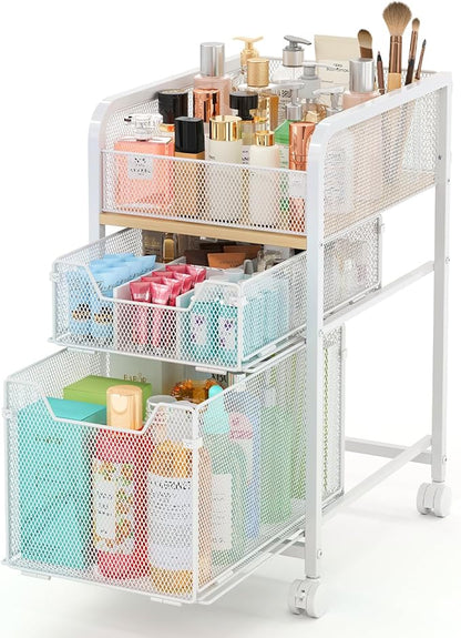 Hongtamoya Rolling Makeup Cart Organizer with 2 Drawers, Narrow Floor Skincare Organizers, Vanity Organizer Cosmetics Display Cases Holder for Skin Care Nail Polish Perfume Makeup Brush, White