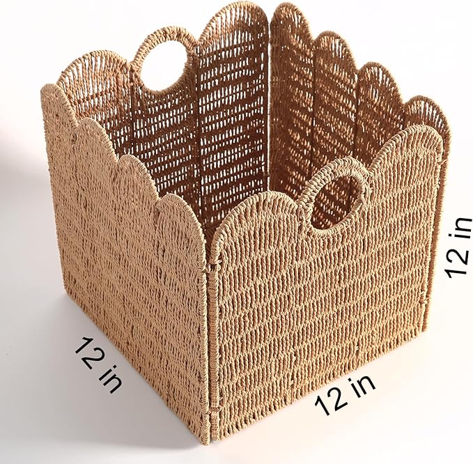 Scalloped Wicker Storage Cubes Basket, 12”x12“ Heavy Duty Paper rope/Hyacinth/Seagrass Baskets for Shelves, Foldable Natural Boho Square Bins (Paper Rope&12 x 12 x 12in&4-Pack)