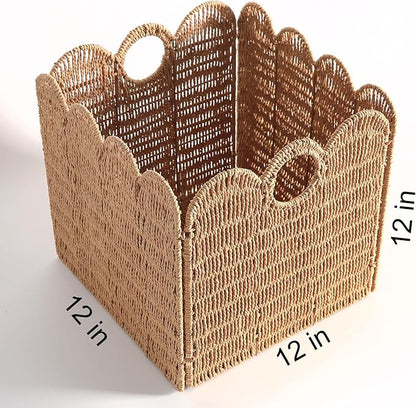 Scalloped Wicker Storage Cubes Basket, 12”x12“ Heavy Duty Paper rope/Hyacinth/Seagrass Baskets for Shelves, Foldable Natural Boho Square Bins (Paper Rope&12 x 12 x 12in&4-Pack)