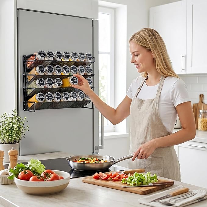 UVIAHOMI Magnetic Spice Rack Organizer for Refrigerator with 28 Spice Jars, 386 Spice Labels, 4 Hook, Chalk Marker and Funnel Set, Magnetic Shelf for Seasoning Organizer, 13.2'' W x 9.8 H, Black