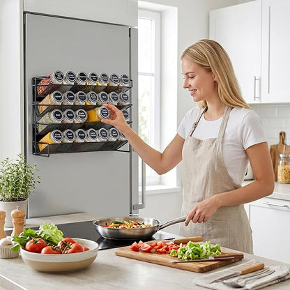 UVIAHOMI Magnetic Spice Rack Organizer for Refrigerator with 28 Spice Jars, 386 Spice Labels, 4 Hook, Chalk Marker and Funnel Set, Magnetic Shelf for Seasoning Organizer, 13.2'' W x 9.8 H, Black