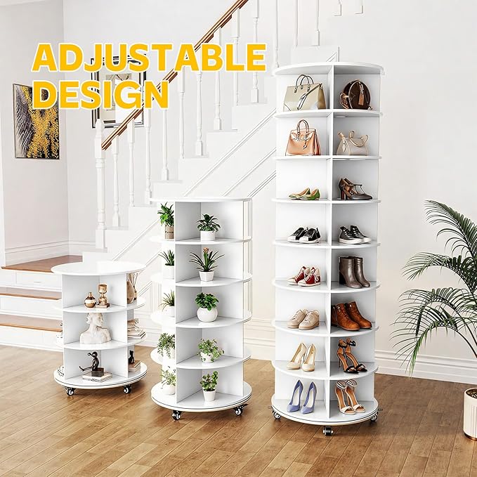 8 Tier Rotating Shoe Rack, Shoe Tower Organizer with 4 Universal Casters, Spinning Lazy Susan Display Storage Rack Round Carousel Vertical Handbag Closet (White, 23.6’’×23.6’’×74’’)