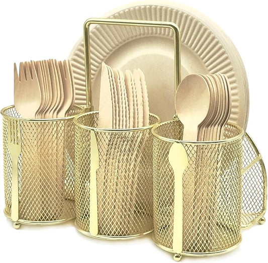 DysanVica Utensil Caddy Silverware Holder - 4 Compartment Metal Mesh Cutlery Fork Spoon Napkin Plate Organizer Flatware Storage Basket Party Kitchen Countertop Buffet Picnic Camping Outdoor BBQ Gold