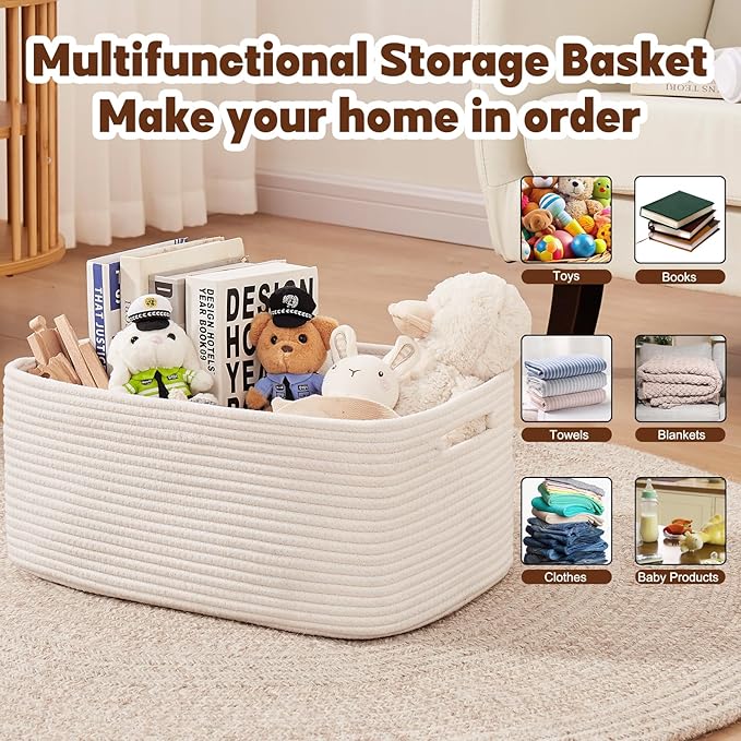 OIAHOMY Storage Basket for Shelves, Closet Cube Storage Bins Baskets for Clothes Blanket Towels, Baby Nursery, Toy Baskets Box, Woven Rope Basket, 17.72 * 12.99 * 7.87 IN, 2 Packs White