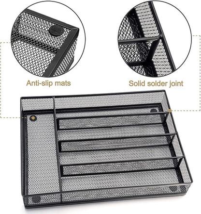 HaWare Utensil Drawer Organizer, Mesh Wire Silverware Organizer Divider for Kitchen, Stainless Steel Cutlery Flatware Storage Tray with Non-Slip Foam Feet, 5 Compartment, 12.5 x 9.2Inch, Black