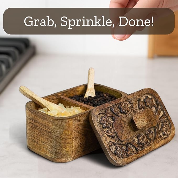Mie Creations Duet Salt and Pepper Box Cellar with Hand Carved Lid & 2 Spoons, Rustic Wooden Pinch Bowls with 2 large Compartments | Wood Salt Storage Keeper, Spice Bowls for Kitchen Cooking