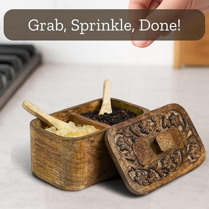 Mie Creations Duet Salt and Pepper Box Cellar with Hand Carved Lid & 2 Spoons, Rustic Wooden Pinch Bowls with 2 large Compartments | Wood Salt Storage Keeper, Spice Bowls for Kitchen Cooking