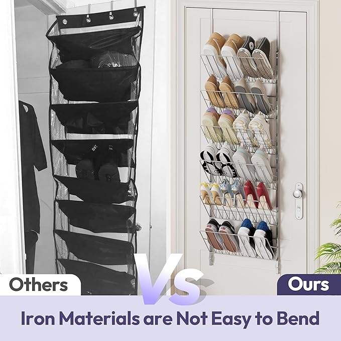 SWTYMIKI Over the Door Shoe Organizer - Adjustable 6 Tier Hanging Shoe Rack Organizer, Metal Heavy Duty Behind Door Storage or Wall Mount Shoes Shelf for Flats, Heels, Sneakers, Boots, Silver