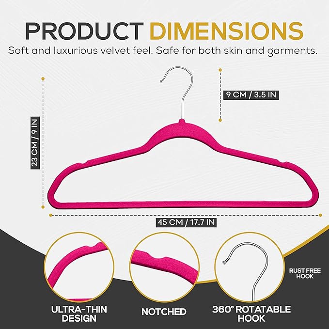 Techzoo Premium Velvet Hangers 50 Pack Ultra Thin Non Slip Adult Felt Space Saving Suit Hanger for Closet Heavy Duty Coat Pants Jackets Dress Hangers 360° Swivel Hook Hold Upto 10 lbs Dark Pink