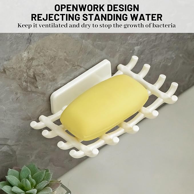 Shower Soap Holder for Wall, Adhesive Bar Soap Dish with Self Draining Grid, Side Hooks and No Drilling Mount, White, 4 Pack