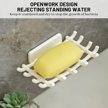 Shower Soap Holder for Wall, Adhesive Bar Soap Dish with Self Draining Grid, Side Hooks and No Drilling Mount, White, 4 Pack