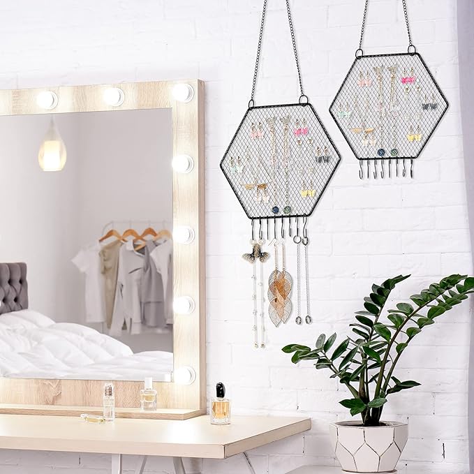 Jetec 2 Pcs Earring Wall Holder Wall Mounted Earring Organizer Hanging Jewelry Stand Decorative Diamond Grid Shape Display Rack with Hooks for Earrings Necklace Bracelet(Black)