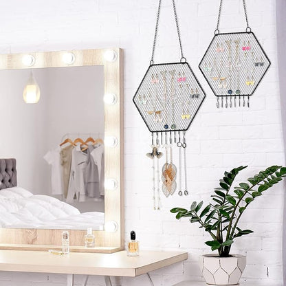Jetec 2 Pcs Earring Wall Holder Wall Mounted Earring Organizer Hanging Jewelry Stand Decorative Diamond Grid Shape Display Rack with Hooks for Earrings Necklace Bracelet(Black)