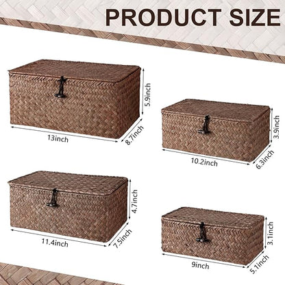 Woanger Set of 4 Wicker Baskets with Lids, Nautral Seagrass Storage Baskets, Woven Rectangular Basket Bins, Rattan Storage Organizer for Shelf Closet Bedroom(Coffee)