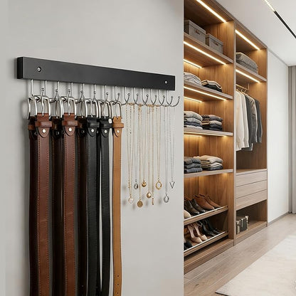 Wall Mounted Tie & Belt Rack Organizer - 2 Pack, 28 Hooks Hold 40 Ties & 40 Belts, 180° Rotating Space Saving Design, Sturdy Wood Decorative Wall Storage (Black)
