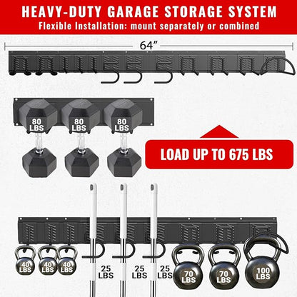 Garage Tool Organizer Wall Mount, Easy to 64inch Install Heavy-Duty Garage Storage System with Adjustable 12 Hooks, Garden Tool Rack for Shovels, Rakes, Yard Tools