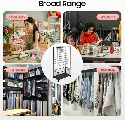 Ribbon Organizer Rack, Double Sided 16-Tier Ribbon Holder Organizer Rack, Flower Wrapping Paper Storage Stand, Scarf Tie Belt Towel Display Shelf Sewing Station Cart (Black)