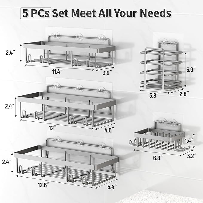 Liuoud 5 Pack Shower Caddy Organizer Rack Shelf for Inside Shower, Self Adhesive Bathroom Wall Storage Basket Rustproof Stainless Steel Large Capacity Shampoo Holder, Grey
