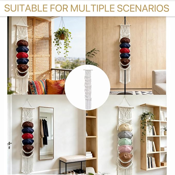 Macrame Hat Organizer Wall Mount for Baseball Caps - Handwoven Cotton Rope Cap Rack, Boho Home Decor, Holds Up to 8 Caps