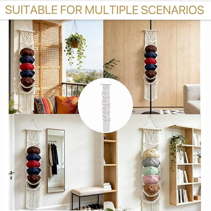 Macrame Hat Organizer Wall Mount for Baseball Caps - Handwoven Cotton Rope Cap Rack, Boho Home Decor, Holds Up to 8 Caps