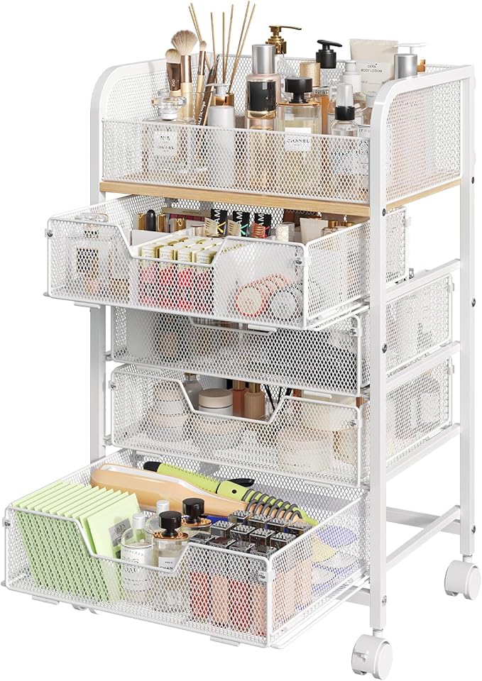 Hongtamoya Makeup Cart Organizer with 4 Drawers, Large Floor Skincare Organizers, Vanity Storage Organizer Cosmetics Display Cases for Skin Care Perfume Nail Polish, White