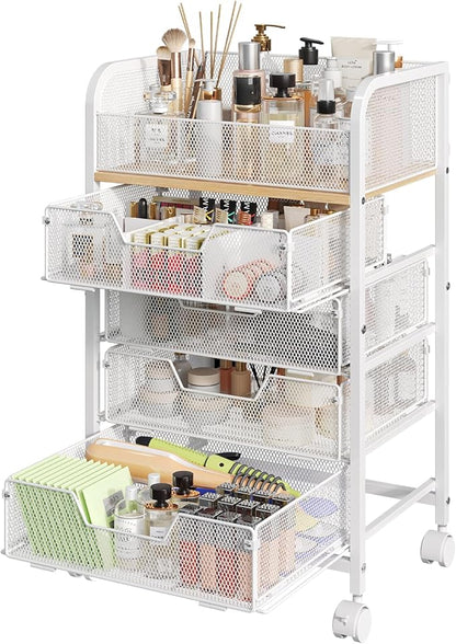 Hongtamoya Makeup Cart Organizer with 4 Drawers, Large Floor Skincare Organizers, Vanity Storage Organizer Cosmetics Display Cases for Skin Care Perfume Nail Polish, White