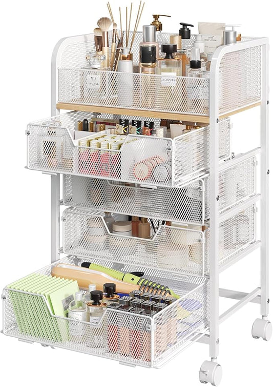 Hongtamoya Makeup Cart Organizer with 4 Drawers, Large Floor Skincare Organizers, Vanity Storage Organizer Cosmetics Display Cases for Skin Care Perfume Nail Polish, White