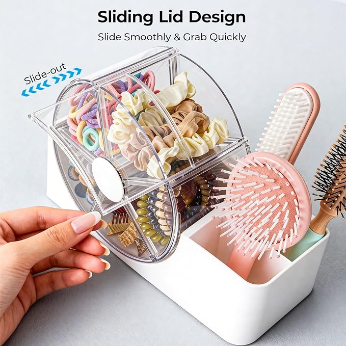Hair Accessories Organizer for Girls, 2-Slot Hair Brush Holder & 5-Section Rotating Wheel, Cute Makeup Brush Holder for Hair Tile, Clip, Makeup Brush, Earring, Ring, Kids Vanity Accessories (White)