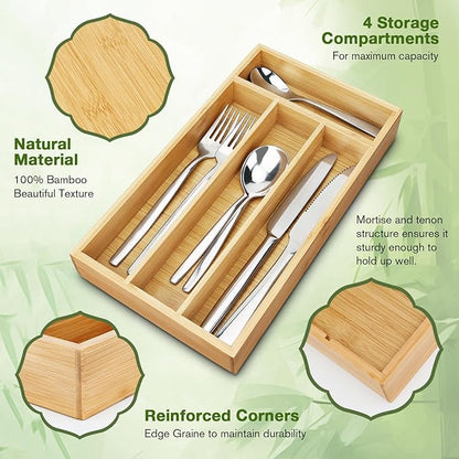 shenee Small Silverware Organizer, Bamboo Drawer Organize, Bamboo Silverware Drawer Organizer, Spoon Flatware Storage with Grooved Drawer Dividers