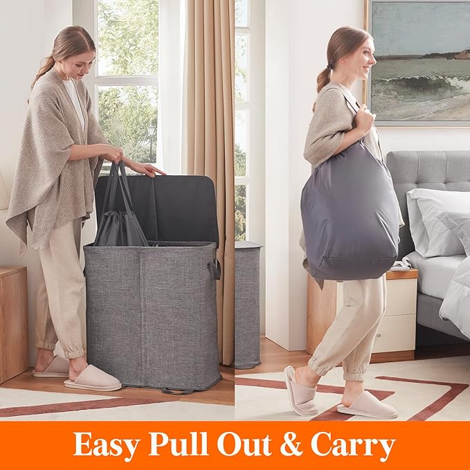 Lifewit Double Laundry Hamper with Lid and Removable Laundry Bags, Large Collapsible 2 Dividers Dirty Clothes Basket with Handles for Bedroom Laundry Room Closet Bathroom College, 155L Grey