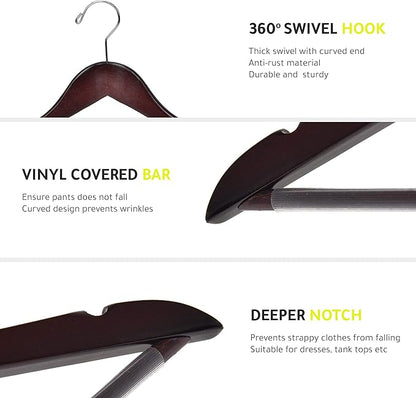 Quality Wooden Hangers - Slightly Curved, 20 Pack Sets - Mahogany Color Wood Coat Hangers with Chrome Hooks - Heavy-Duty for Clothes, Jackets, Shirts, Pants, Suits