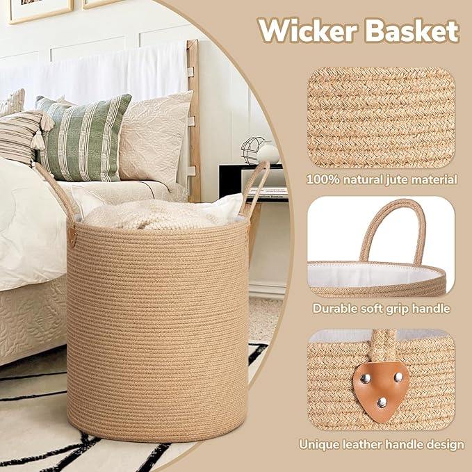 CHICVITA 70L Large Laundry Basket for Clothes, Jute Srorage Basket for Blankets Living Room, Tall Laundry Hamper for Home Décor, Wicker Woven Baskets for Nursery Toy Storage, 16" X 16" X 20"