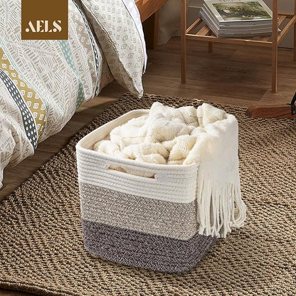 AELS Hand Woven Cotton Baskets for Storage, Cube Storage Bins with Handles, Foldable Collapsible Closet Organizers and Storage, Boho Farmhouse Storage Cubes for Shelves, Beige Mixed Khaki Coffee Brown