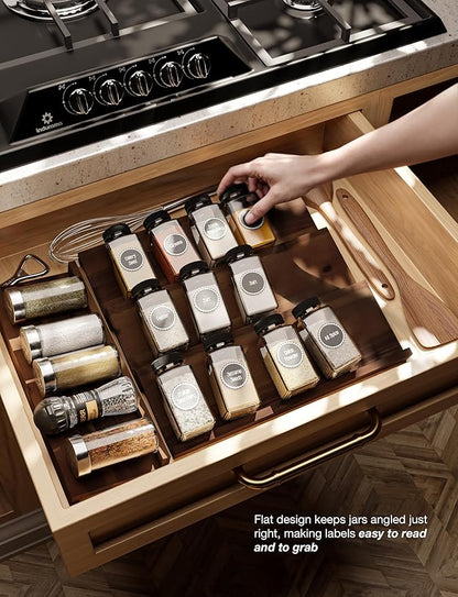 Tinamo Acacia Wooden Spice Rack Organizer for Cabinet - Spice Drawer Insert, Spice Organization for Cabinet, Seasoning Organizer, Spice Holder Pack of 8 (Walnut, Pack 8)